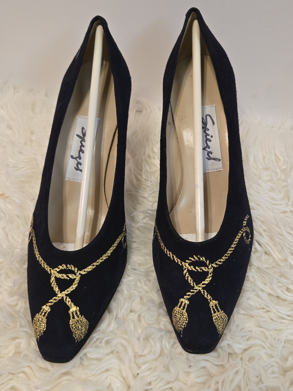 Spiegel Navy Suede Pumps with Gold Embroidery